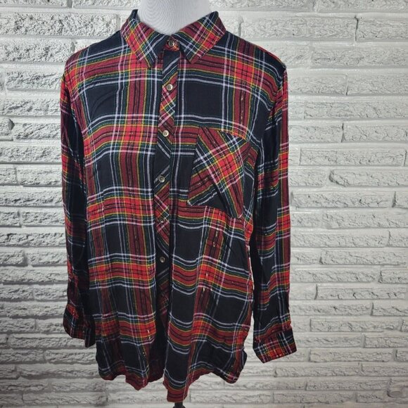 Maurices Womens Top Extra Large XL Long Sleeve Red Plaid Metallic Thread PLA145E - Picture 1 of 9